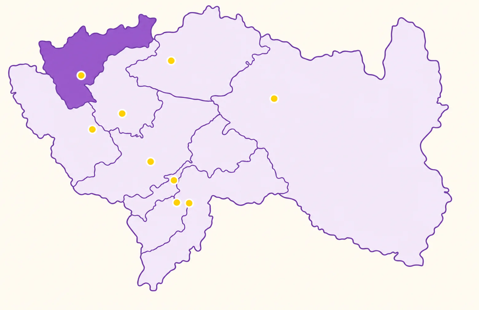 Mapa ilustrado de Junín dividido por provincias, con una provincia resaltada y puntos de referencia